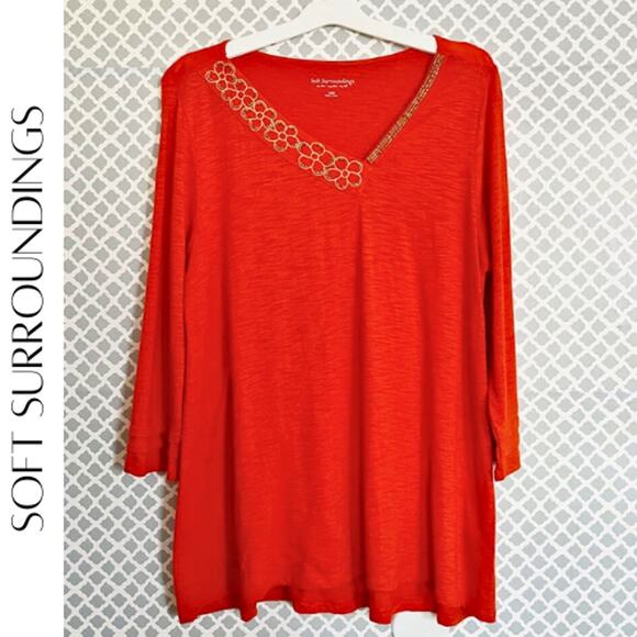 Soft Surroundings Burnt Orange-Red Beaded V-Neck Top Size Large - Picture 1 of 7
